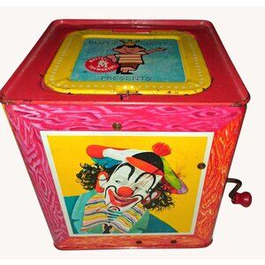Vintage 1961 Matty Mattel Jack-In-The-Box Tin Toy With Clown Graphics